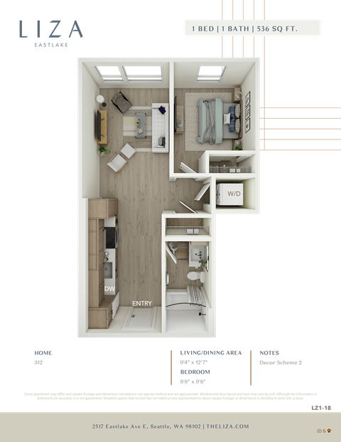 Liza Apartment 3D floor plan - 1x1 536 sqft